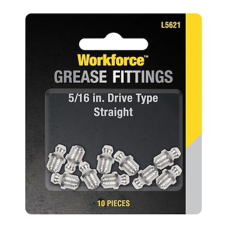 Workforce Grease Fittings, Drive Type, 5/16in Straight, 10-Piece L5621